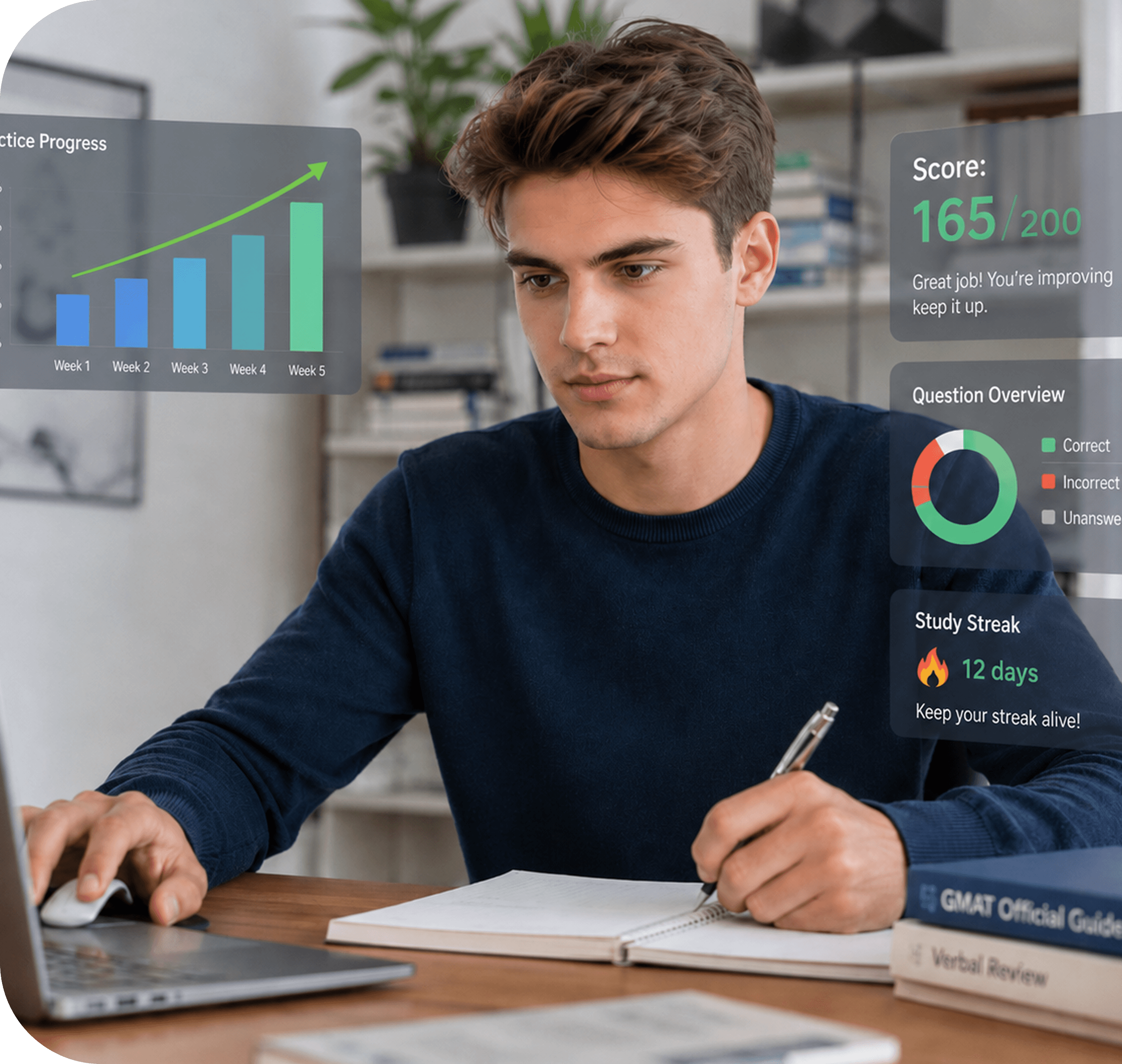 GED study workflow showing progress metrics, score, streak and pie chart review